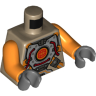 Armure de corps en argent torse avec bracelets orange motif imprimé, bras orange, mains gris bleuté foncé (Torso Silver Body Armor with Orange Straps Print, Orange Arms, Dark Bluish Gray Hands)