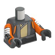 Torse, gilet, garniture gris bleuté clair, tunique beige, motif : ceinture, bras orange, mains gris bleuté foncé (Torso, Vest, Light Bluish Grey Trim, Tan Tunic, Belt Print, Orange Arms, Dark Bluish Gray Hands)