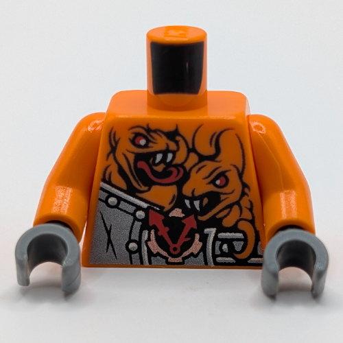 Armure de torse avec rivets, horloge et 4 serpents orange avec yeux rouges et crocs blancs motif imprimé, bras orange, mains gris bleuté foncé (Torso Armor with Rivets, Clock and 4 Orange Snakes with Red Eyes and White Fangs Print, Orange Arms, Dark Bluish Gray Hands)
