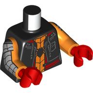 Torse, veste, lacets, garniture rouge, costume d'araignée orange, sangles gris foncé bleuâtre / noir sur le motif imprimé bras, bras orange, mains rouges (Torso, Jacket, Laces, Red Trim, Orange Spider Suit, Dark Bluish Grey/Black Webbings on Arms Print, Orange Arms, Red Hands)