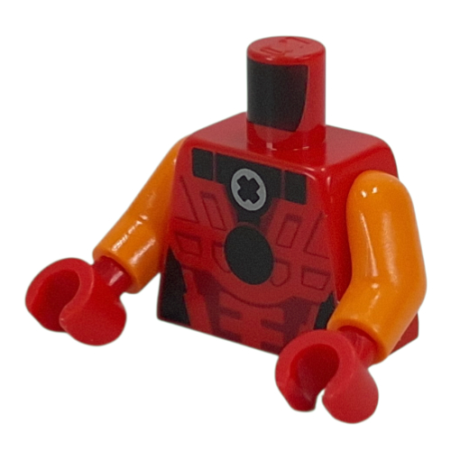 Visuel indicatif Rebrickable de Torse, armure rouge foncé, cercle noir, gris bleuté clair Motif imprimé buisson Technic, bras orange, mains rouges (Torso, Dark Red Armor, Black Circle, Light Bluish Grey Technic Bush Print, Orange Arms, Red Hands)