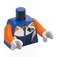 Torse, Combinaison humide, Panneaux blanc/bleu foncé/orange, Motif imprimé requin noir, bras orange, mains blanches (Torso, Wet Suit, White/Dark Blue/Orange Panels, Black Shark Print, Orange Arms, White Hands)