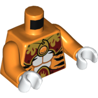Rayures de tigre noir torse, armure rouge foncé et or et feu chi emblème motif imprimé, bras orange, mains blanches (Torso Black Tiger Stripes, Dark Red and Gold Armor and Fire Chi Emblem Print, Orange Arms, White Hands)