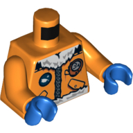 Veste torse avec le logo de l'explorateur arctique, fermeture éclair et blanc fourrure garniture motif imprimé, bras orange, mains bleues (Torso Jacket with Arctic Explorer Logo, Zipper and White Fur Trim Print, Orange Arms, Blue Hands)