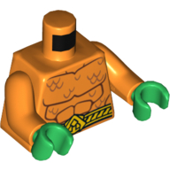 Torse, poitrine nue avec contours musculaires, écailles et ceinture sur le devant et le dos motif imprimé (Aquaman), bras orange, mains vertes (Torso, Bare Chest with Muscles Outline, Scales and Belt on Front and Back Print (Aquaman), Orange Arms, Green Hands)