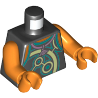 Visuel indicatif Rebrickable de Gilet torse avec des cercles vert jaunâtre et turquoise foncé, collier avec motif imprimé Saturne, bras et mains orange (Torso Vest with Yellowish-Green and Dark Turquoise Circles, Necklace with Saturn Print, Orange Arms and Hands)