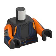 Visuel indicatif Rebrickable de Torse, robe à rayures bleues, ficelle bleue, motif : ceinture nougat, bras orange, mains titane nacré (Torso, Robe with Blue Stripes, Blue String, Nougat Belt Print, Orange Arms, Pearl Titanium Hands)