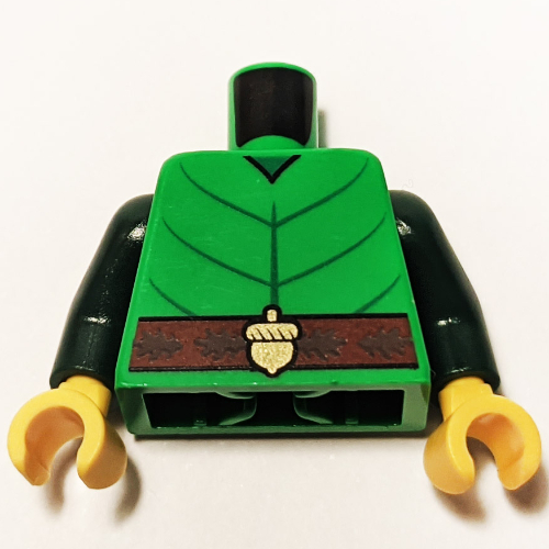 Visuel indicatif Rebrickable de Tunique torse, marques de poitrine verte, ceinture brun foncé, boucle de gland motif imprimé, bras vert foncé, mains jaunes (Torso Tunic, Green Chest Markings, Dark Brown Belt, Acorn Buckle Print, Dark Green Arms, Yellow Hands)