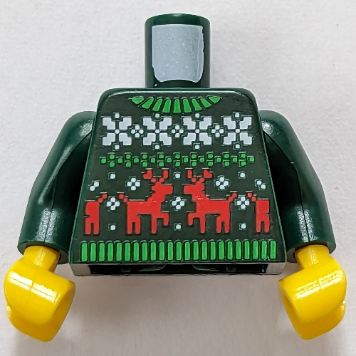 Visuel indicatif Rebrickable de Torse, chandail de Noël avec décorations blanches/vert clair, motif imprimé renne rouge, bras vert foncé, mains jaunes (Torso, Christmas Sweater with White/Bright Green Decorations, Red Reindeer Print, Dark Green Arms, Yellow Hands)