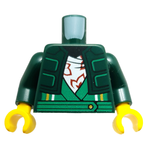 Visuel indicatif Rebrickable de Torse, veste soufflée, roves ninja vert vif, chemise blanche avec motif imprimé de fleurs rouge foncé, bras vert foncé, mains jaunes (Torso, Puffed Jacket, Bright Green Ninja Roves, White Shirt with Dark Red Flowers Print, Dark Green Arms, Yellow Hands)