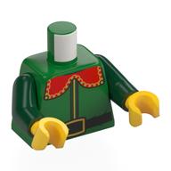 Torse, costume d'elfe, col rouge, garniture vert foncé, ceinture noire, motif imprimé ceinture or, bras vert foncé, mains jaunes (Torso, Elf Costume, Red Collar, Dark Green Trim, Black Belt, Gold Belt Buckle Print, Dark Green Arms, Yellow Hands)