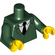 Visuel indicatif Rebrickable de Torse veste, chemise blanche et noir motif imprimé cravate, bras vert foncé, mains jaunes (Torso Jacket, White Shirt and Black Necktie Print, Dark Green Arms, Yellow Hands)