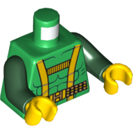 Visuel indicatif Rebrickable de Contour des muscles du torse avec sangles de harnais jaunes et motif imprimé ceinture utilitaire, bras vert foncé, mains jaunes (Torso Muscles Outline with Yellow Harness Straps and Utility Belt Print, Dark Green Arms, Yellow Hands)