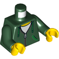 Visuel indicatif Rebrickable de Sweat à capuche torse avec fermeture éclair argentée et cravates et poches vertes sur motif imprimé chemise blanche, bras vert foncé, mains jaunes (Torso Hoodie with Silver Zipper and Green Ties and Pockets over White Shirt Print, Dark Green Arms, Yellow Hands)