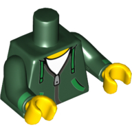 Visuel indicatif Rebrickable de Sweat à capuche torse avec fermeture éclair argentée et cravates et poches vertes sur motif imprimé chemise blanche, bras vert foncé avec motif imprimé poignets verts, mains jaunes (Torso Hoodie with Silver Zipper and Green Ties and Pockets over White Shirt Print, Dark Green Arms with Green Cuffs Print, Yellow Hands)