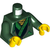 Visuel indicatif Rebrickable de Sweat à capuche torse avec garniture de poche vert vif et cravates et fermeture éclair gris sur robe avec des caractères asiatiques sur motif imprimé de garniture vert vif, bras vert foncé, mains jaunes (Torso Hoodie with Bright Green Pocket Trim and Ties and Gray Zipper over Robe with Asian Characters on Bright Green Trim Print, Dark Green Arms, Yellow Hands)