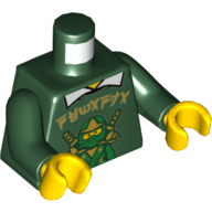 Visuel indicatif Rebrickable de Pull torse, ninja vert et caractères asiatiques or et col chemise blanc motif imprimé, bras vert foncé, mains jaunes (Torso Sweater, Green Ninja and Gold Asian Characters and White Shirt Collar Print, Dark Green Arms, Yellow Hands)
