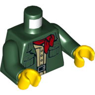 Visuel indicatif Rebrickable de Poches veste torse, ouvert sur chemise beige, motif imprimé foulard rouge, bras vert foncé, mains jaunes (Torso Jacket Pockets, Open over Tan Shirt, Red Neckerchief Print, Dark Green Arms, Yellow Hands)