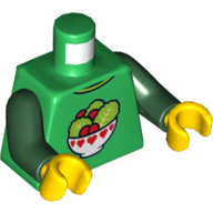 Chemise de torse, bol avec des cœurs rouges remplis de tomates et de laitue motif imprimé, bras vert foncé, mains jaunes (Torso Shirt, Bowl with Red Hearts Filled with Tomatoes and Lettuce Print, Dark Green Arms, Yellow Hands)