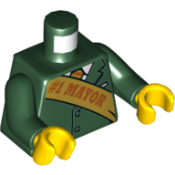 Visuel indicatif Rebrickable de Veste torse avec ceinture en or avec motif imprimé '#1 MAYOR', bras vert foncé, mains jaunes (Torso Jacket with Gold Sash with '#1 MAYOR' Print, Dark Green Arms, Yellow Hands)