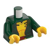 Veste torse, ouvert sur combinaison jaune, rouge boucle de ceinture motif imprimé, bras vert foncé, mains jaunes (Torso Jacket, Open over Yellow Jumpsuit, Red Belt Buckle Print, Dark Green Arms, Yellow Hands)
