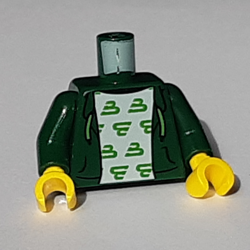 Visuel indicatif Rebrickable de Sweat à capuche torse, ouvert avec lacets verts, sur un sous-vêtement blanc avec motif imprimé Blacktron Logo, bras vert foncé, mains jaunes (Torso Hoodie, Open with Green Laces, over White Undershirt with Blacktron Logo Print, Dark Green Arms, Yellow Hands)