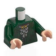 Visuel indicatif Rebrickable de Torse, pull ouvert, volants argentés, décorations, motif imprimé broche or, bras vert foncé, mains nougat clair (Torso, Open Sweater, Silver Ruffles, Decorations, Gold Brooch Print, Dark Green Arms, Light Nougat Hands)