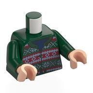 Visuel indicatif Rebrickable de Cardigan torse, tricoté avec motif imprimé vert sable et rouge foncé, col et boutons, bras vert foncé, mains nougat clair (Torso Cardigan, Knitted with Sand Green and Dark Red Design, Collar and Buttons Print, Dark Green Arms, Light Nougat Hands)