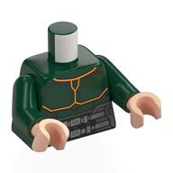 Torse, Panneaux d'armure, Bord doré, motif : ceinture argentée, bras vert foncé, mains nougat clair (Torso, Armor Panels, Gold Trim, Silver Belt Print, Dark Green Arms, Light Nougat Hands)