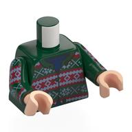 Torse, Pull, Rouge foncé/Blanc Décorations motif imprimé, bras vert foncé, mains nougat clair (Torso, Sweater, Dark Red/White Decorations Print, Dark Green Arms, Light Nougat Hands)