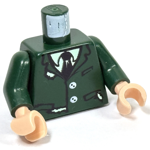 Visuel indicatif Rebrickable de Torse déchiré costume avec boutons, chemise et cravate motif imprimé, bras vert foncé, mains nougat clair (Torso Torn Suit with Buttons, Shirt and Tie Print, Dark Green Arms, Light Nougat Hands)