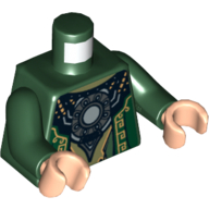 Visuel indicatif Rebrickable de Robe torse avec Couture dorée et pendentif rond en argent imprimé, bras vert foncé, mains nougat clair (Torso Robe with Gold Stitchery and Round Silver Pendant Print, Dark Green Arms, Light Nougat Hands)