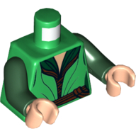 Visuel indicatif Rebrickable de Robe elfique torse sur chemise vert foncé, motif imprimé boucle dorée, bras vert foncé, mains nougat clair (Torso Elven Robe over Dark Green Shirt, Gold Buckle Print, Dark Green Arms, Light Nougat Hands)
