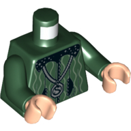 Visuel indicatif Rebrickable de Col torse noir avec étoiles argentées, lignes courbes blanches, médaillon argenté avec motif imprimé 'S' (Salazar Serpentard), bras vert foncé, mains nougat clair (Torso Black Collar with Silver Stars, White Curvy Lines, Silver Locket with 'S' Print (Salazar Slytherin), Dark Green Arms, Light Nougat Hands)