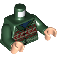 Visuel indicatif Rebrickable de Cardigan torse, tricoté avec motif imprimé vert sable et rouge foncé, col et boutons, bras vert foncé, mains nougat clair (Torso Cardigan, Knitted with Sand Green and Dark Red Design, Collar and Buttons Print, Dark Green Arms, Light Nougat Hands)