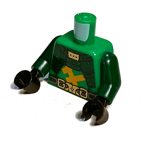 Visuel indicatif Rebrickable de Robes de torse, armure vert foncé, gris bleuté clair et or ceinture utilitaire motif imprimé, bras vert foncé, mains noires (Torso Robes, Dark Green Armour, Light Bluish Gray and Gold Utility Belt Print, Dark Green Arms, Black Hands)