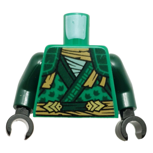 Visuel indicatif Rebrickable de Robe torse, Ceinture beige, Marquage vert foncé imprimé, bras vert foncé, mains noires (Torso Robe, Tan Belt, Dark Green Trim and Markings Print, Dark Green Arms, Black Hands)