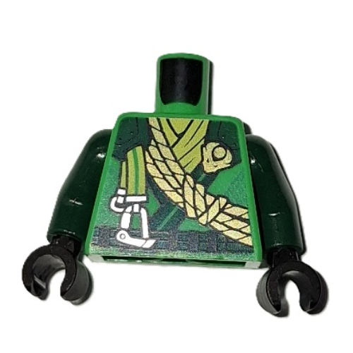 Visuel indicatif Rebrickable de Torse, Ninja robes, bord vert foncé, ceinture, corde orange, pinces argentées, motif imprimé ceinture de vert citron, bras vert foncé, mains noires (Torso, Ninja Robes, Dark Green Trim, Belt, Orange Rope, Silver Clips, Lime Sash Print, Dark Green Arms, Black Hands)