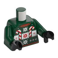 Visuel indicatif Rebrickable de Torse, cannes à sucre, flocons de neige (chandail laid) motif imprimé, bras vert foncé, mains noires (Torso, Candy Canes, Snow Flakes (Ugly Sweater) Print, Dark Green Arms, Black Hands)