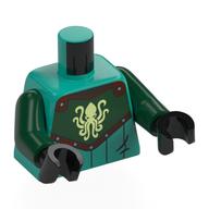 Torse, armure, poitrine vert foncé avec Kraken vert jaunâtre, motif imprimé bord brun rougeâtre, bras vert foncé, mains noires (Torso, Armor, Dark Green Chest with Yellowish Green Kraken, Reddish Brown Trim Print, Dark Green Arms, Black Hands)