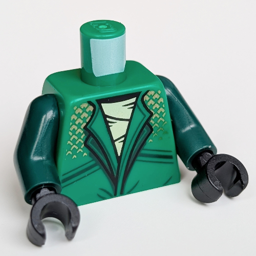 Torse, Ninja robe, chemise blanche, décorations en or, serpent à l'arrière motif imprimé, bras vert foncé, mains noires (Torso, Ninja Robe, White Shirt, Gold Decorations, Snake On Back Print, Dark Green Arms, Black Hands)
