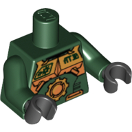 Visuel indicatif Rebrickable de Torse, armure dorée avec grande encoche et motif imprimé 'AT.10', bras vert foncé, mains noires (Torso, Gold Armour with Large Cog and 'AT.10' Print, Dark Green Arms, Black Hands)