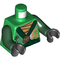Visuel indicatif Rebrickable de Robe torse avec motif imprimé bord vert foncé (Lloyd), bras vert foncé, mains noires (Torso Robe with Dark Green Trim Print (Lloyd), Dark Green Arms, Black Hands)