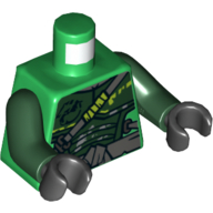 Visuel indicatif Rebrickable de Armure de torse, vert foncé avec sangle d'épaule gris bleuâtre foncé et motif imprimé ceinture, bras vert foncé, mains noires (Torso Armor, Dark Green with Dark Bluish Gray Shoulder Strap and Belt Print, Dark Green Arms, Black Hands)
