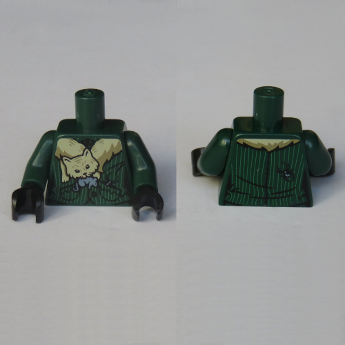 Visuel indicatif Rebrickable de Torse Veste et chat Écharpe tenant un motif imprimé de rat (Snape Boggart), bras vert foncé, mains noires (Torso Jacket and Cat Scarf Holding a Rat Print (Snape Boggart), Dark Green Arms, Black Hands)