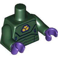 Visuel indicatif Rebrickable de Torse, armure avec motif imprimé poitrine jaune et violet foncé, bras vert foncé, mains pourpre foncé (Torso, Armor with Yellow and Dark Purple Chest Print, Dark Green Arms, Dark Purple Hands)