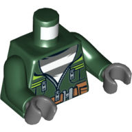 Visuel indicatif Rebrickable de Veste torse avec des rayures de vert citron et fermeture à glissière sur le motif imprimé chemise rayée, bras vert foncé, mains gris bleuté foncé (Torso Jacket with Lime Stripes and Zipper over Striped Shirt Print, Dark Green Arms, Dark Bluish Gray Hands)