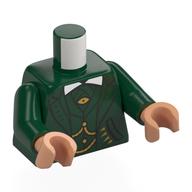Visuel indicatif Rebrickable de Torse, tenue, veste vert foncé, col blanc, yeux dorés, sangles motif imprimé, bras vert foncé, mains nougat (Torso, Suit, Dark Green Jacket, White Collar, Gold Eyes, Straps Print, Dark Green Arms, Nougat Hands)