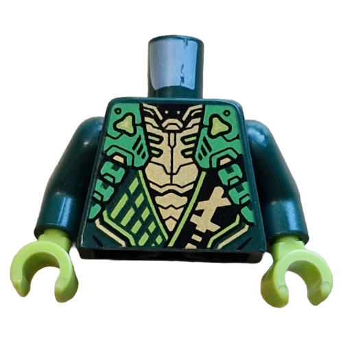 Visuel indicatif Rebrickable de Torse, robes ninja, ceinture noire avec symbole d'or, sangles vert vif, motif imprimé poitrine or, bras vert foncé, mains vert citron (Torso, Ninja Robes, Black Sash with Gold Symbol, Bright Green Straps, Gold Chest Print, Dark Green Arms, Lime Hands)