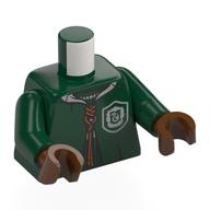 Visuel indicatif Rebrickable de Torse, robe de quidditch, lacets orange foncé, motif imprimé de blason de Serpentard argenté, bras vert foncé, mains brun rougeâtre (Torso, Quidditch Robe, Dark Orange Laces, Silver Slytherin Crest Print, Dark Green Arms, Reddish Brown Hands)